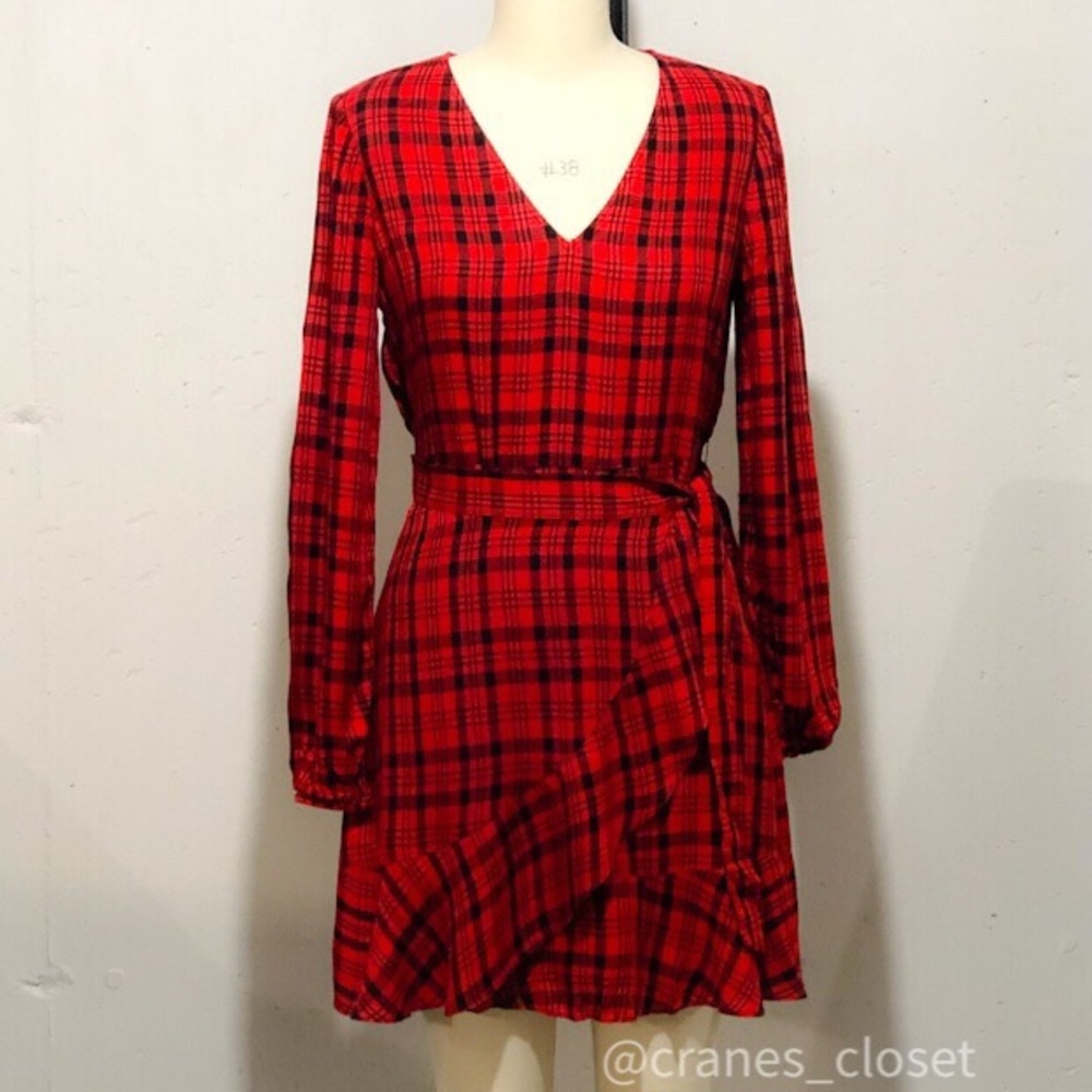 Express Red Black Plaid Faux Wrap Dress Flounce S